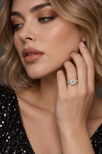 Load image into Gallery viewer, Maylaya Gems Two Tone 9K Round 2.08ct Lab-Grown Diamond Solitaire Ring — M031 — AI-generated young adult model in eveningwear / ภาพจำลองนางแบบสวมเครื่องประดับด้วย AI
