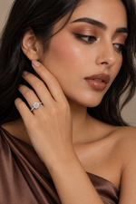 Load image into Gallery viewer, Maylaya Gems White Gold 9K Round 2.07ct Lab-Grown Diamond Halo Ring — M034 — AI-generated young adult model in eveningwear / ภาพจำลองนางแบบสวมเครื่องประดับด้วย AI
