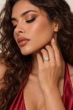 Load image into Gallery viewer, Maylaya Gems Yellow Gold 9K Round 2.06ct Lab-Grown Diamond Halo Ring — M035 — AI-generated young adult model in eveningwear / ภาพจำลองนางแบบสวมเครื่องประดับด้วย AI
