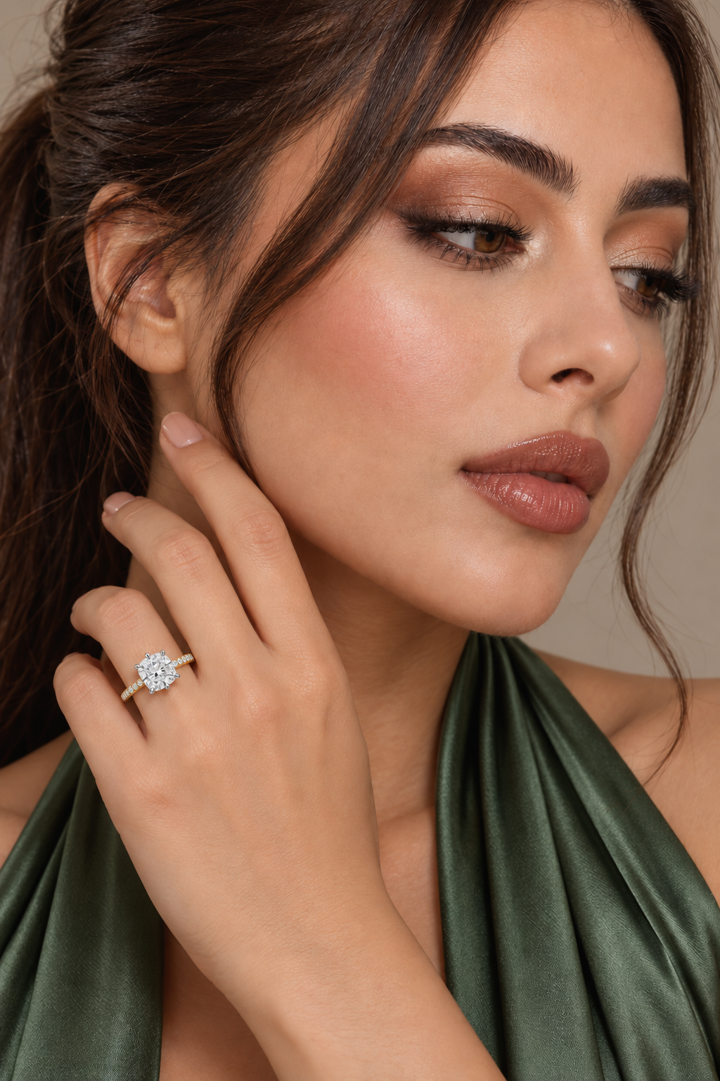 Maylaya Gems Yellow Gold 9K Cushion 2.02ct Lab-Grown Diamond Halo Ring — M041 — AI-generated young adult model in eveningwear / ภาพจำลองนางแบบสวมเครื่องประดับด้วย AI