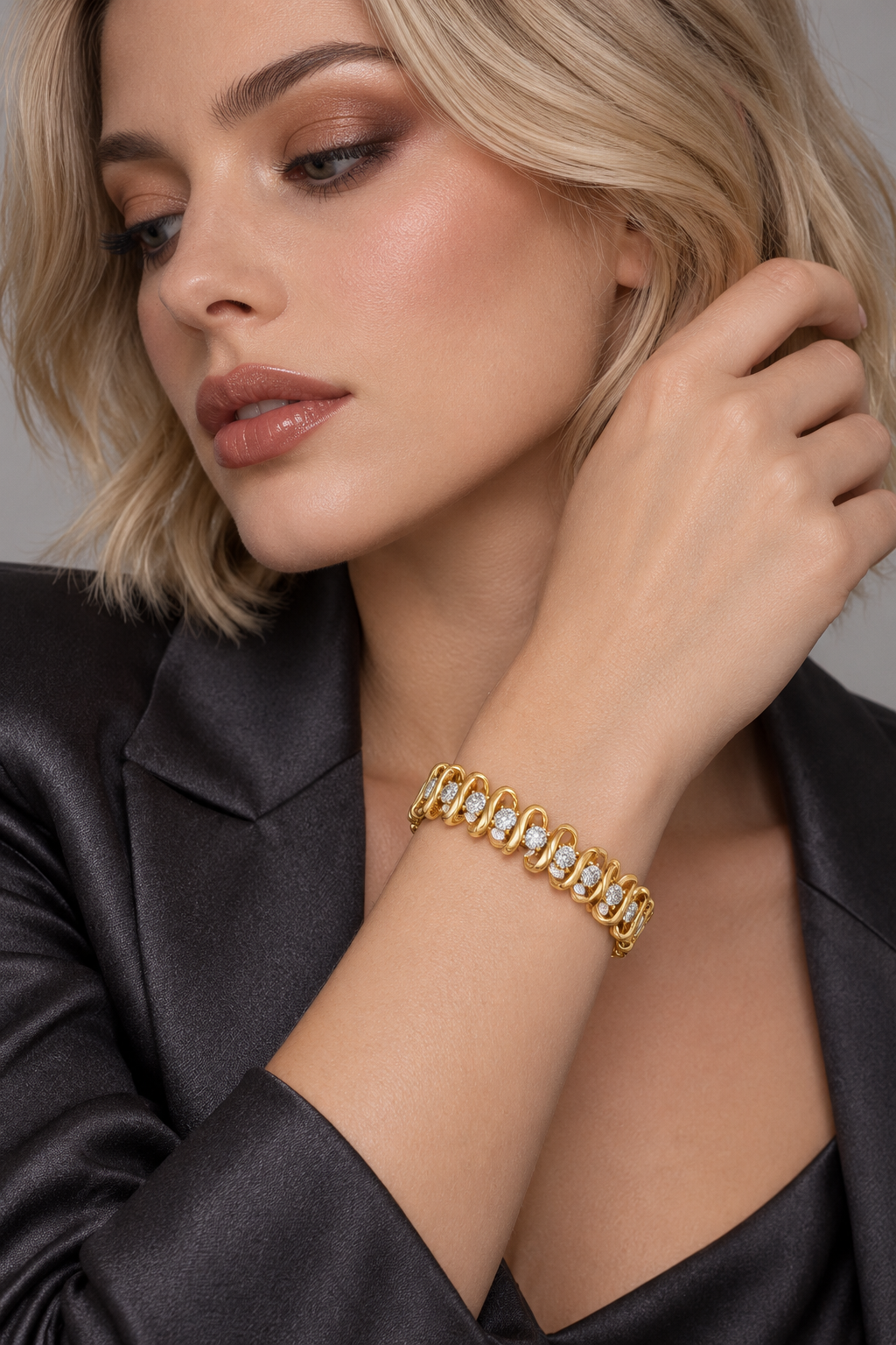 Maylaya Gems 11 ct Round Lab-Grown Diamond Bracelet — AI-generated young adult model in eveningwear / ภาพจำลองนางแบบสวมเครื่องประดับด้วย AI
