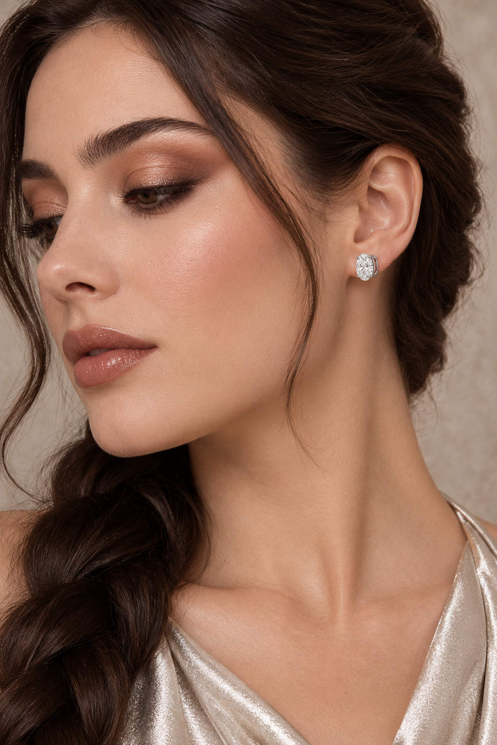 Maylaya Gems 9K Gold 0.5 ct Oval Diamond Stud Earrings — SPS4 — AI-generated young adult model in eveningwear / ภาพจำลองนางแบบสวมเครื่องประดับด้วย AI