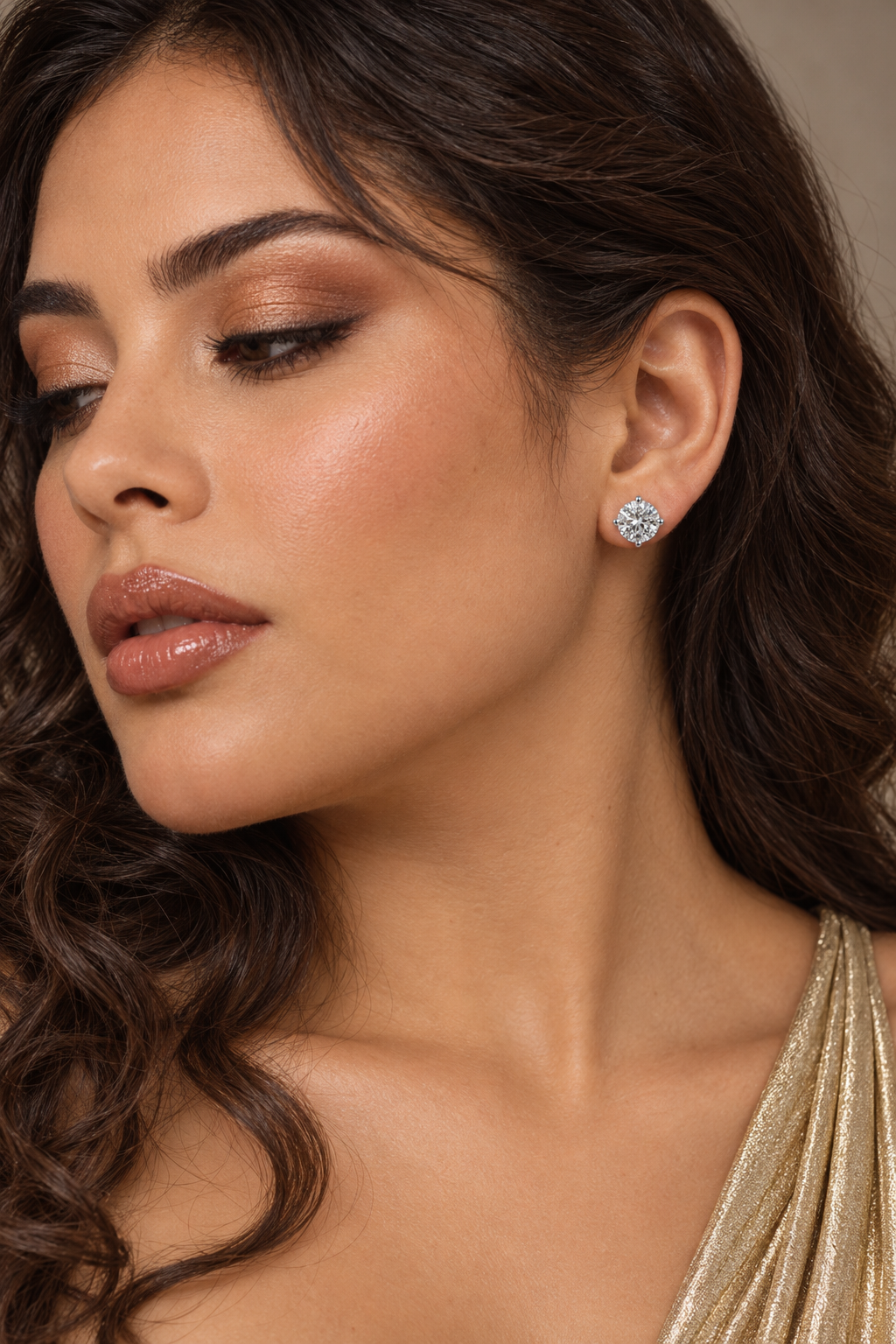 Maylaya Gems 9K Gold 2 ct Round Diamond Stud Earrings — MGE7 — AI-generated young adult model in eveningwear / ภาพจำลองนางแบบสวมเครื่องประดับด้วย AI