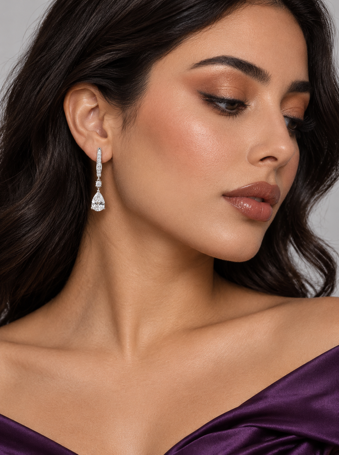 Maylaya Gems 9K Gold 1 ct Pear Diamond Drop Earrings — MGE8 — AI-generated young adult model in eveningwear / ภาพจำลองนางแบบสวมเครื่องประดับด้วย AI