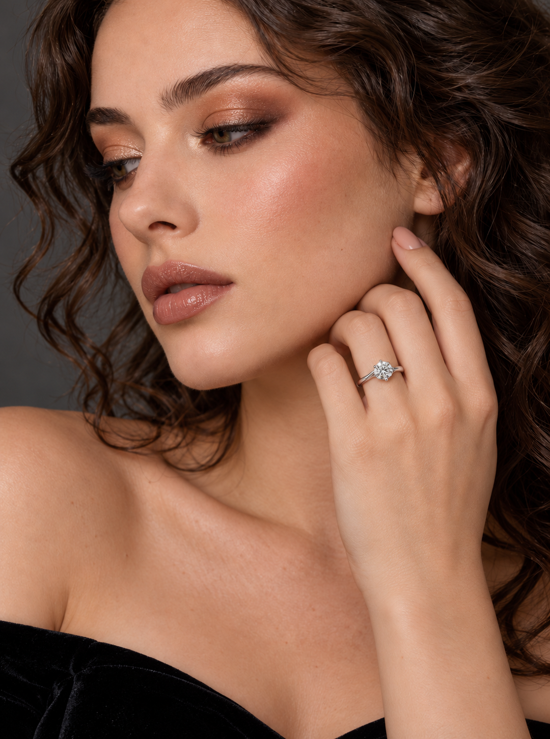 Maylaya Gems White Rhodium 9K Round Lab-Grown Diamond Solitaire Ring — M002 — AI-generated young adult model in eveningwear / ภาพจำลองนางแบบสวมเครื่องประดับด้วย AI