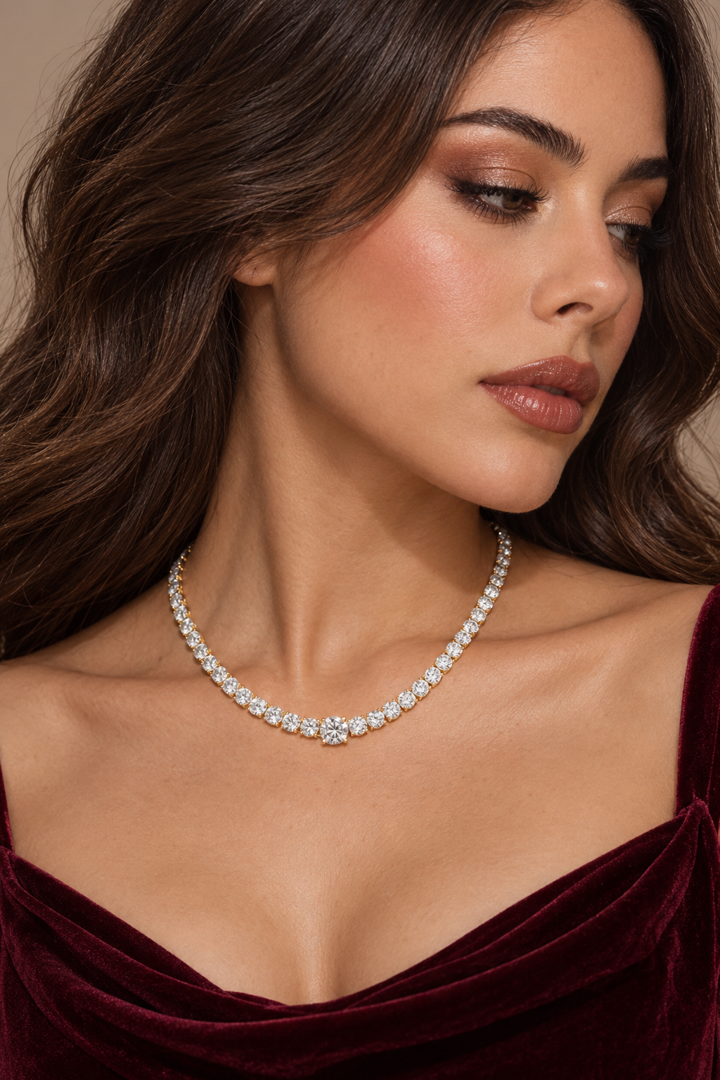 Maylaya Gems 26.82 ct Mixed-Cut Lab-Grown Diamond Necklace — AI-generated young adult model in eveningwear / ภาพจำลองนางแบบสวมเครื่องประดับด้วย AI