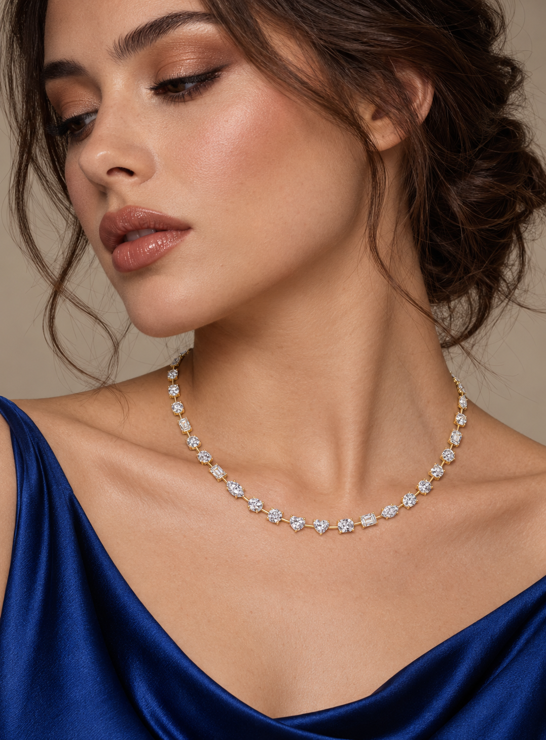 Maylaya Gems 21.49 ct Mixed-Cut Lab-Grown Diamond Necklace — AI-generated young adult model in eveningwear / ภาพจำลองนางแบบสวมเครื่องประดับด้วย AI