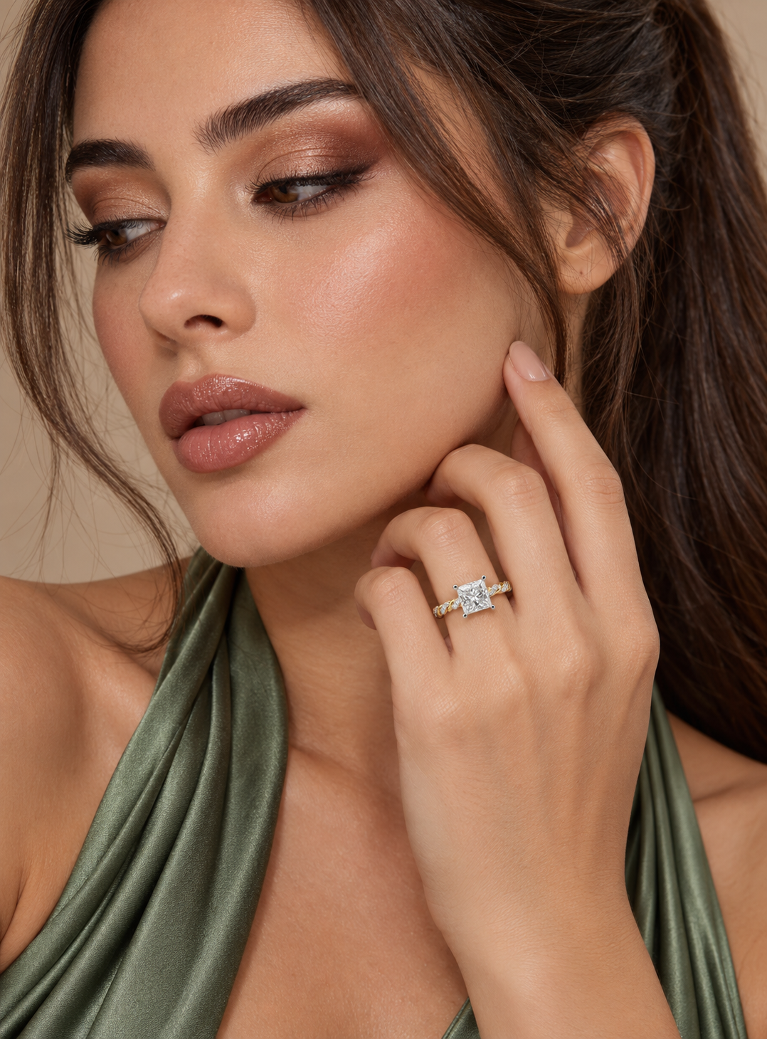 Maylaya Gems Yellow Gold Polish 9K Princess Lab-Grown Diamond Solitaire Ring — M092 — AI-generated young adult model in eveningwear / ภาพจำลองนางแบบสวมเครื่องประดับด้วย AI