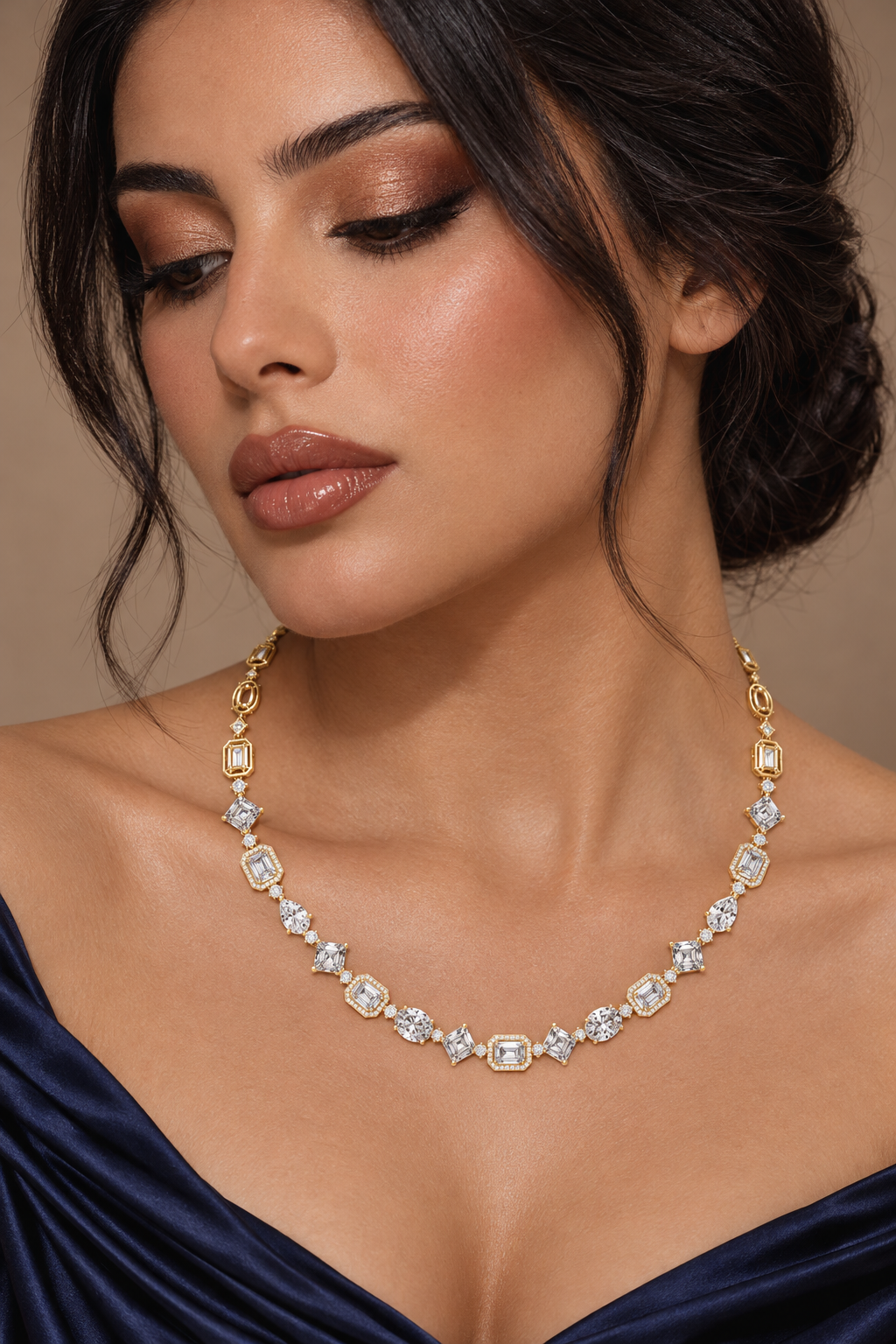 Maylaya Gems 18.78 ct Mixed-Cut Lab-Grown Diamond Necklace — AI-generated young adult model in eveningwear / ภาพจำลองนางแบบสวมเครื่องประดับด้วย AI