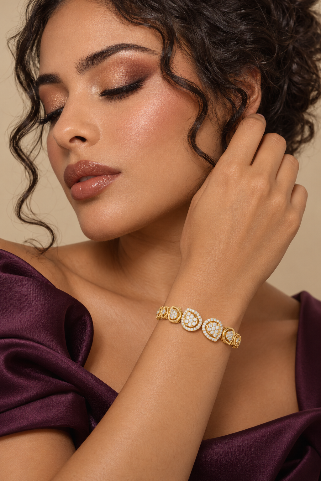 Maylaya Gems 1.73 ct Round Lab-Grown Diamond Bracelet — AI-generated young adult model in eveningwear / ภาพจำลองนางแบบสวมเครื่องประดับด้วย AI
