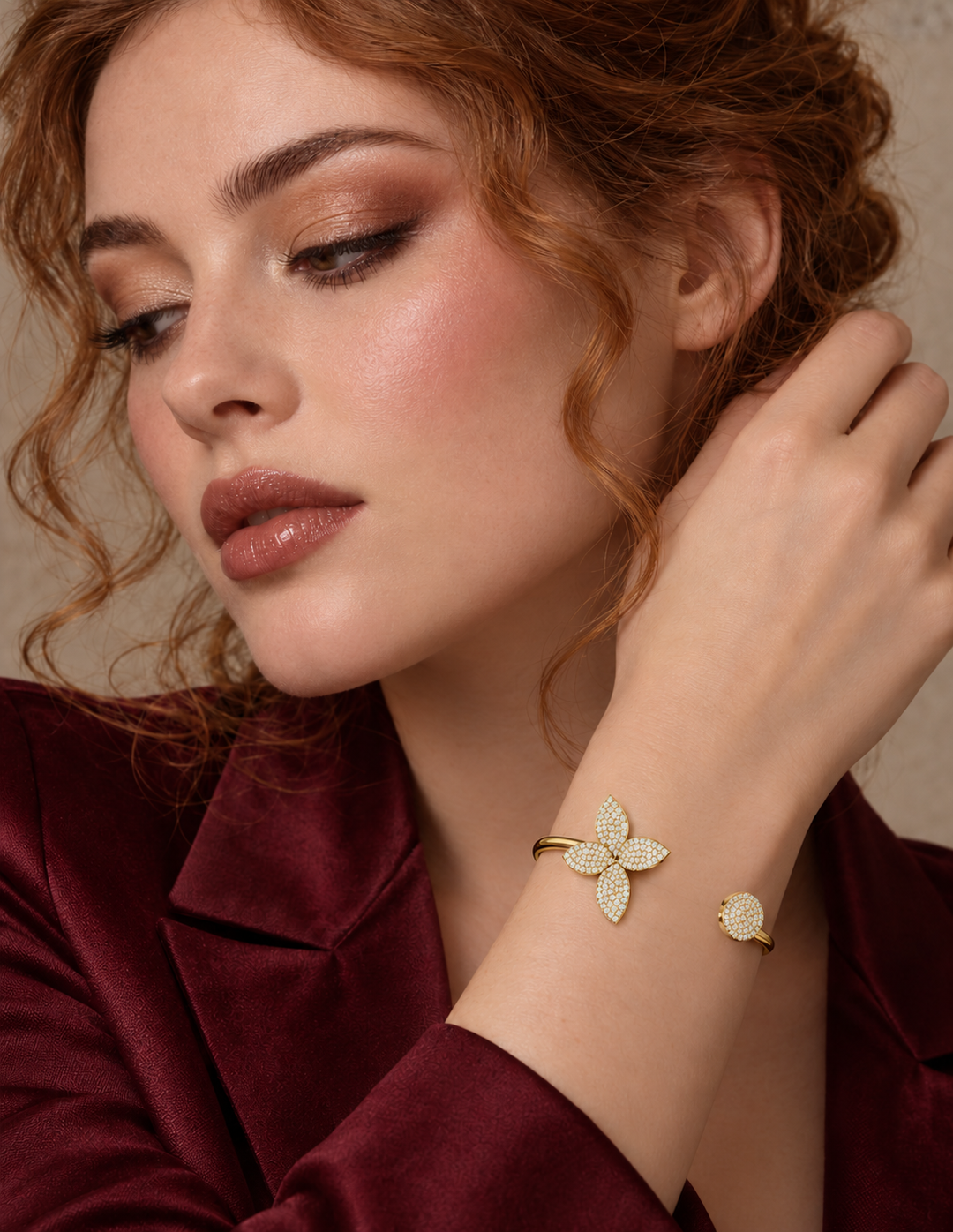 Maylaya Gems 1.55 ct Round Lab-Grown Diamond Bracelet — AI-generated young adult model in eveningwear / ภาพจำลองนางแบบสวมเครื่องประดับด้วย AI