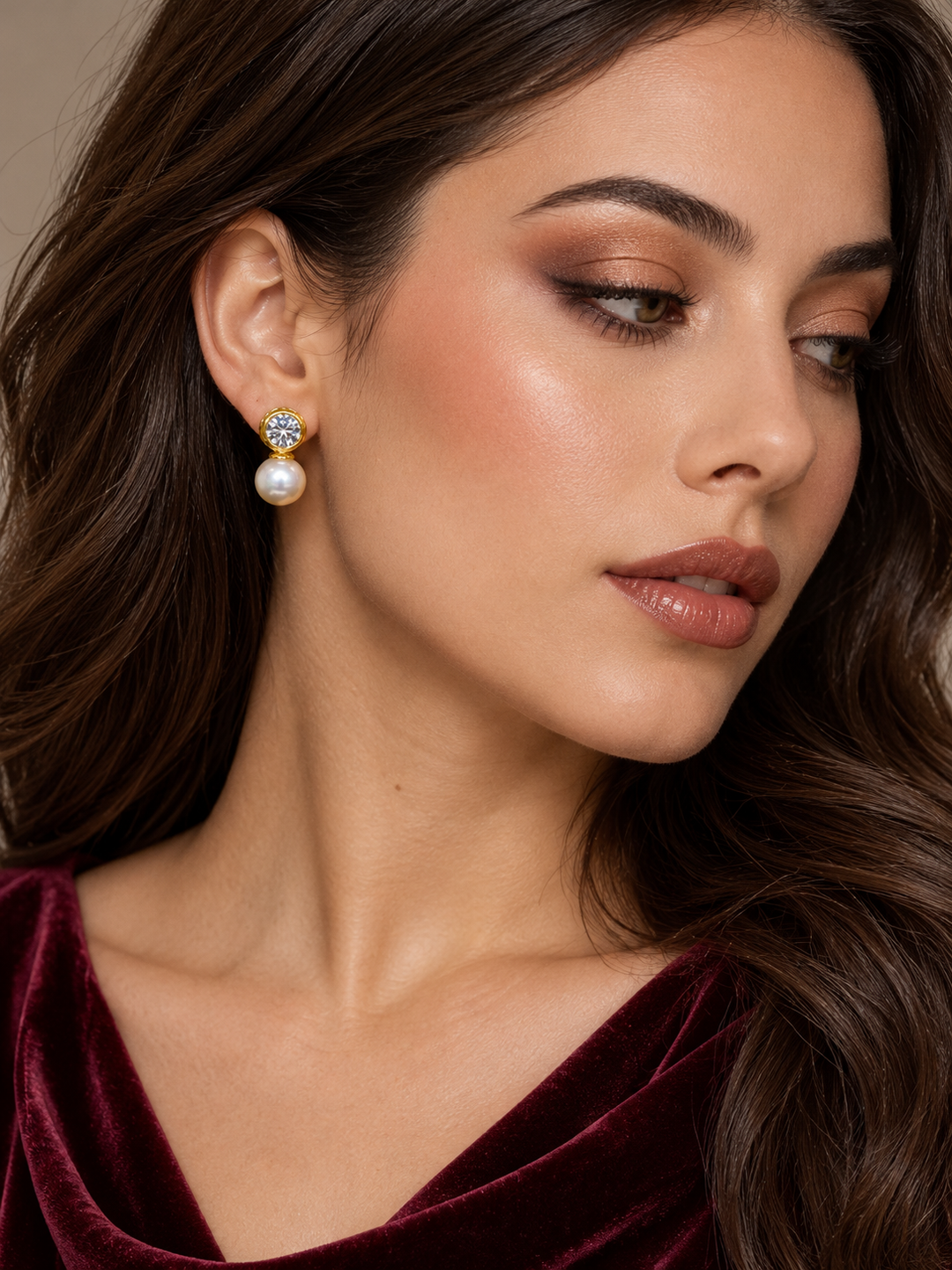 Maylaya Gems 9K Gold Natural Japanese Akoya Pearl & Lab-Grown Diamond Earrings — MGP1 — AI-generated young adult model in eveningwear / ภาพจำลองนางแบบสวมเครื่องประดับด้วย AI
