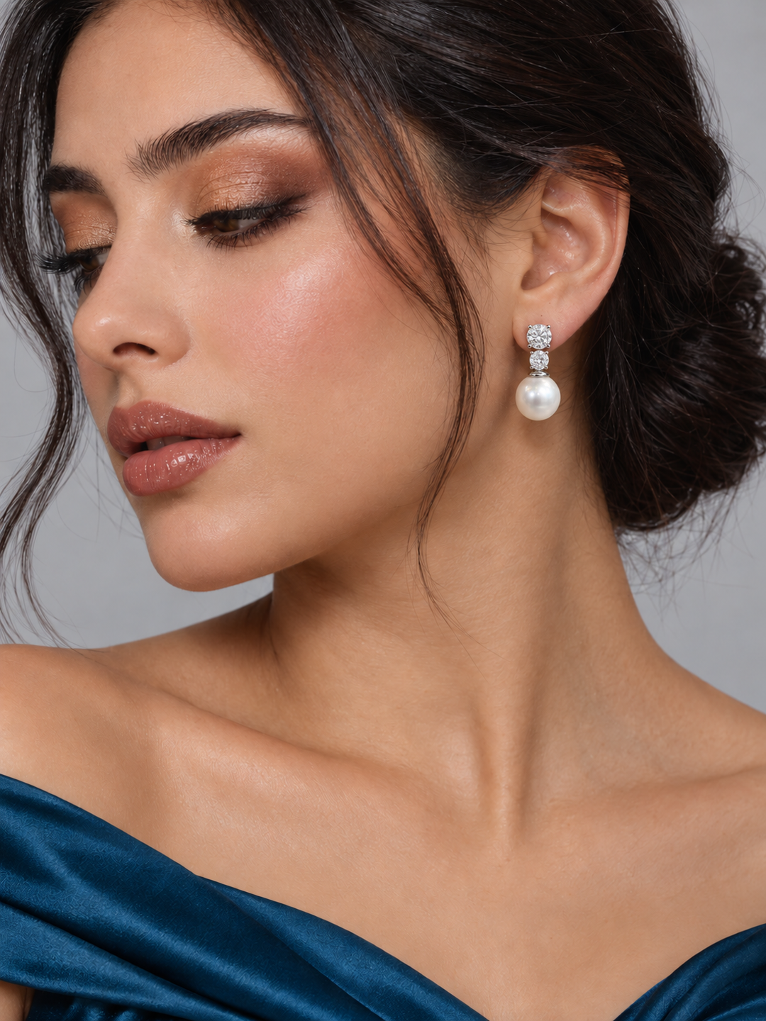 Maylaya Gems 9K Gold Natural Japanese Akoya Pearl & Lab-Grown Diamond Earrings — MGP2 — AI-generated young adult model in eveningwear / ภาพจำลองนางแบบสวมเครื่องประดับด้วย AI