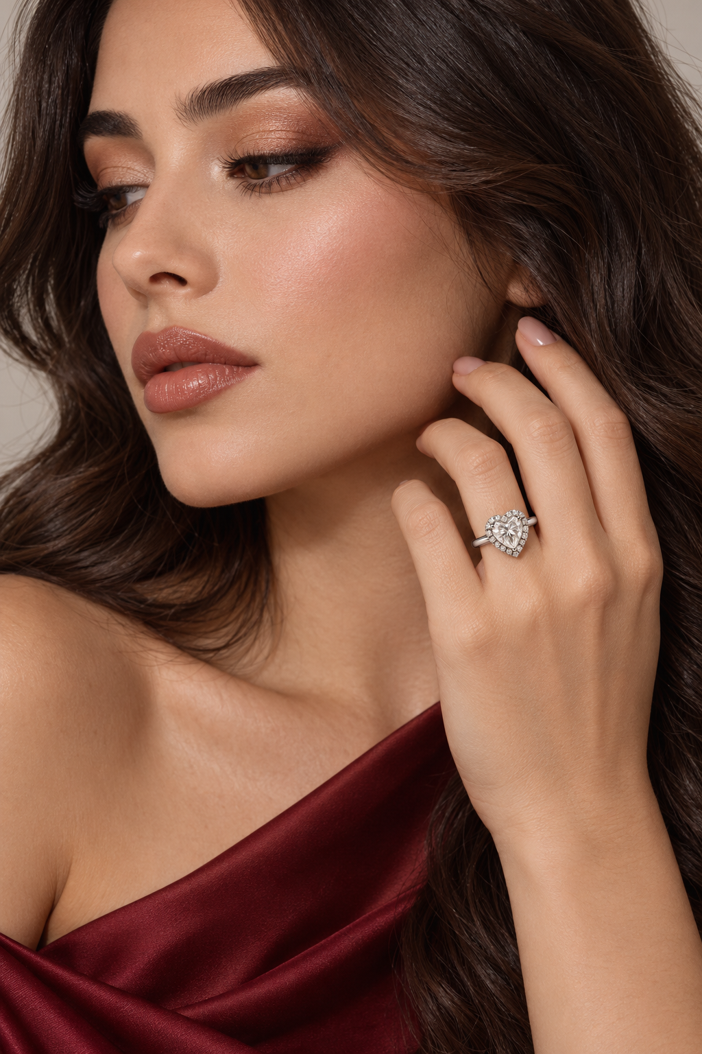 Maylaya Gems White Rhodium 9K Heart 1.08ct Lab-Grown Diamond Solitaire Ring — M119 — AI-generated young adult model in eveningwear / ภาพจำลองนางแบบสวมเครื่องประดับด้วย AI