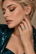 Load image into Gallery viewer, Maylaya Gems White Rhodium 9K Round Lab-Grown Diamond Solitaire Ring — M159 — AI-generated young adult model in eveningwear / ภาพจำลองนางแบบสวมเครื่องประดับด้วย AI
