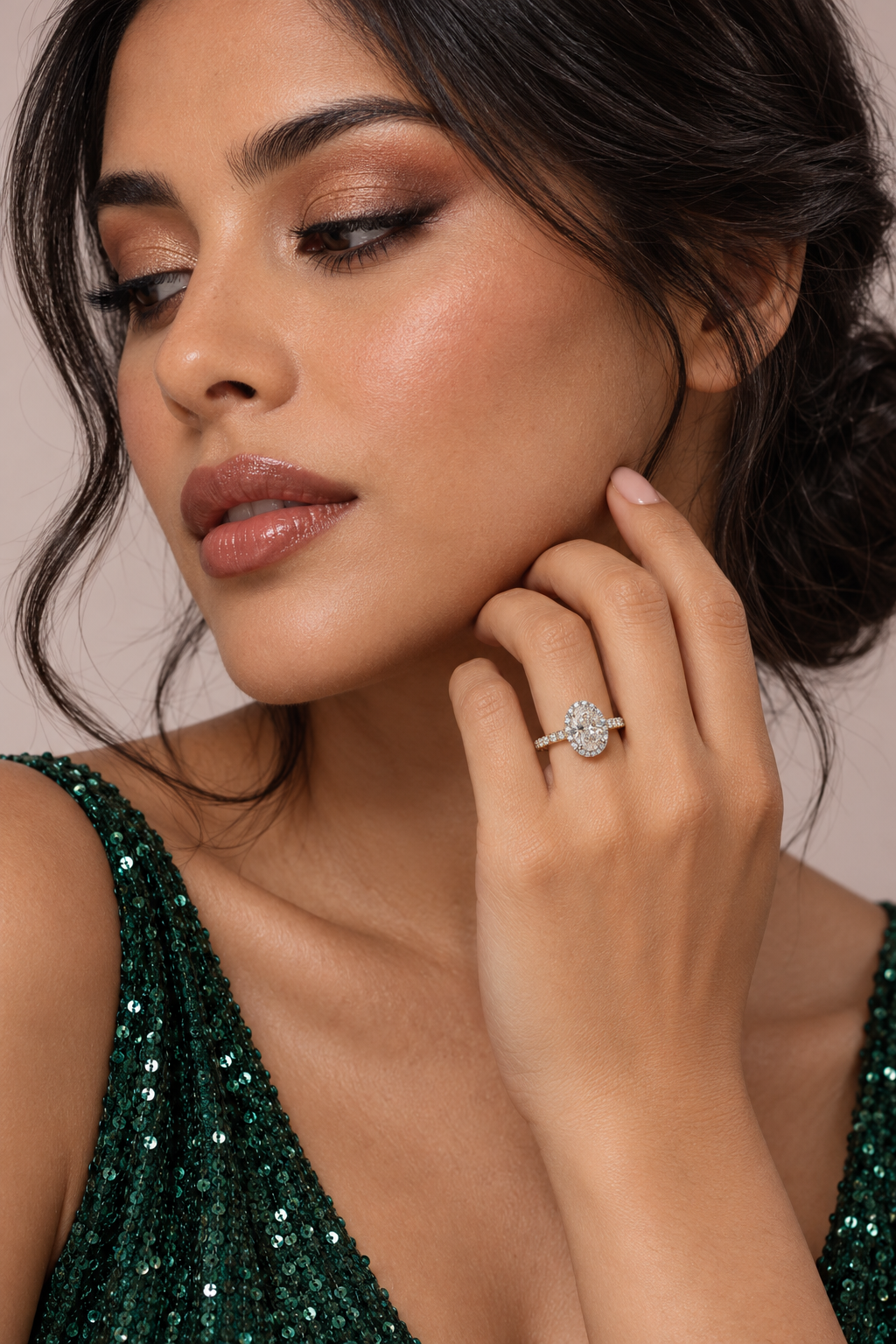 Maylaya Gems 9K Gold 1.05 ct Oval Lab-Grown Diamond Ring — M01C — AI-generated young adult model in eveningwear / ภาพจำลองนางแบบสวมเครื่องประดับด้วย AI
