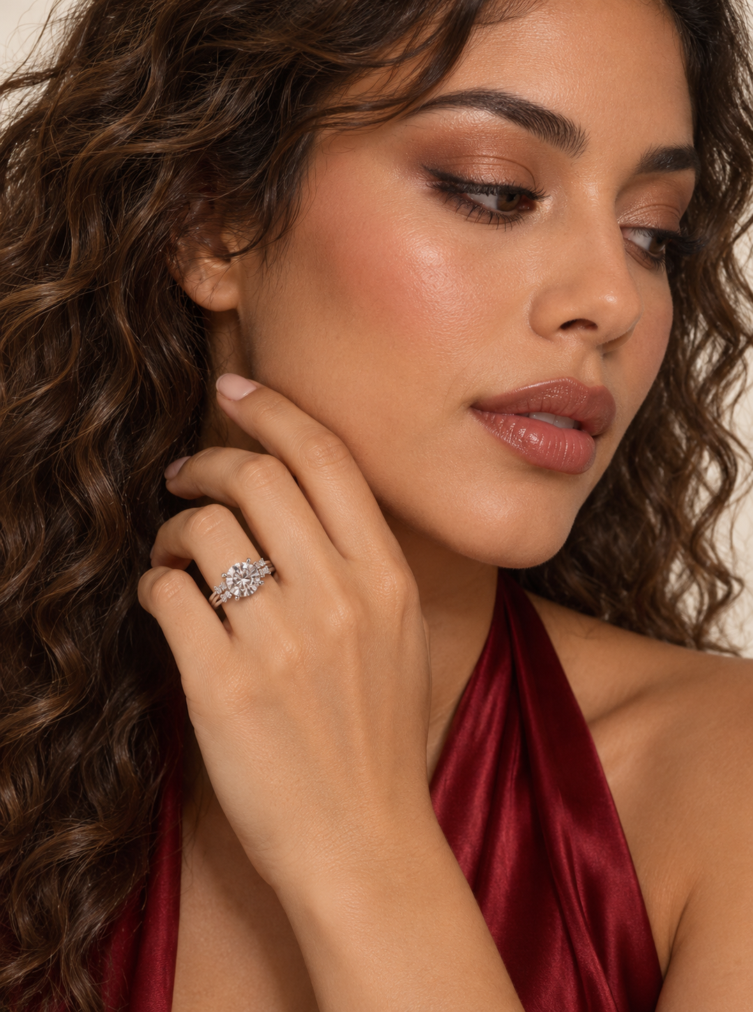 Maylaya Gems 9K Gold 2 ct Round Lab-Grown Diamond Ring — Stk107 — AI-generated young adult model in eveningwear / ภาพจำลองนางแบบสวมเครื่องประดับด้วย AI