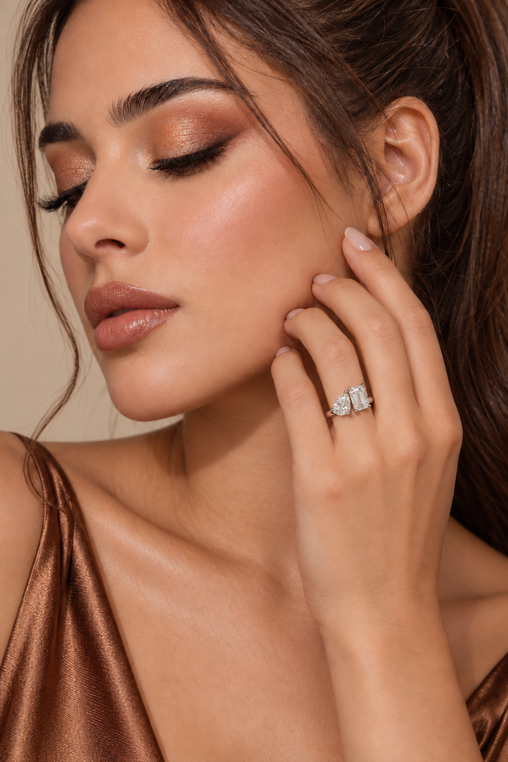 Maylaya Gems 9K Gold 1.84/1.07 ct Lab-Grown Diamond Ring — Stk124 — AI-generated young adult model in eveningwear / ภาพจำลองนางแบบสวมเครื่องประดับด้วย AI
