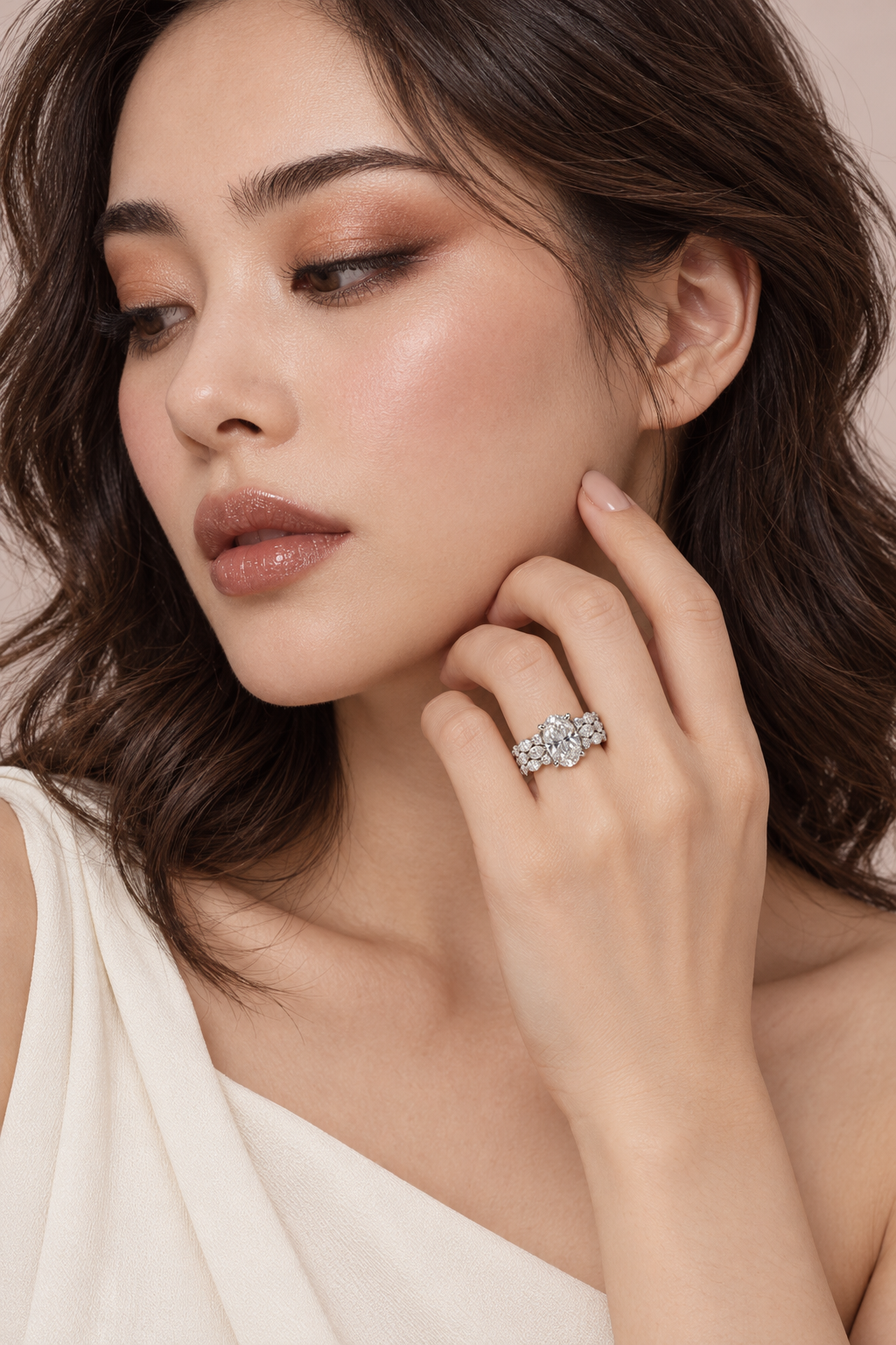 Maylaya Gems 9K Gold 1.58 ct Oval Lab-Grown Diamond Ring — Stk119 — AI-generated young adult model in eveningwear / ภาพจำลองนางแบบสวมเครื่องประดับด้วย AI