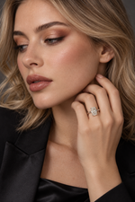 Load image into Gallery viewer, Maylaya Gems 9K Gold 1.52 ct Cushion Lab-Grown Diamond Ring — M090 — AI-generated young adult model in eveningwear / ภาพจำลองนางแบบสวมเครื่องประดับด้วย AI
