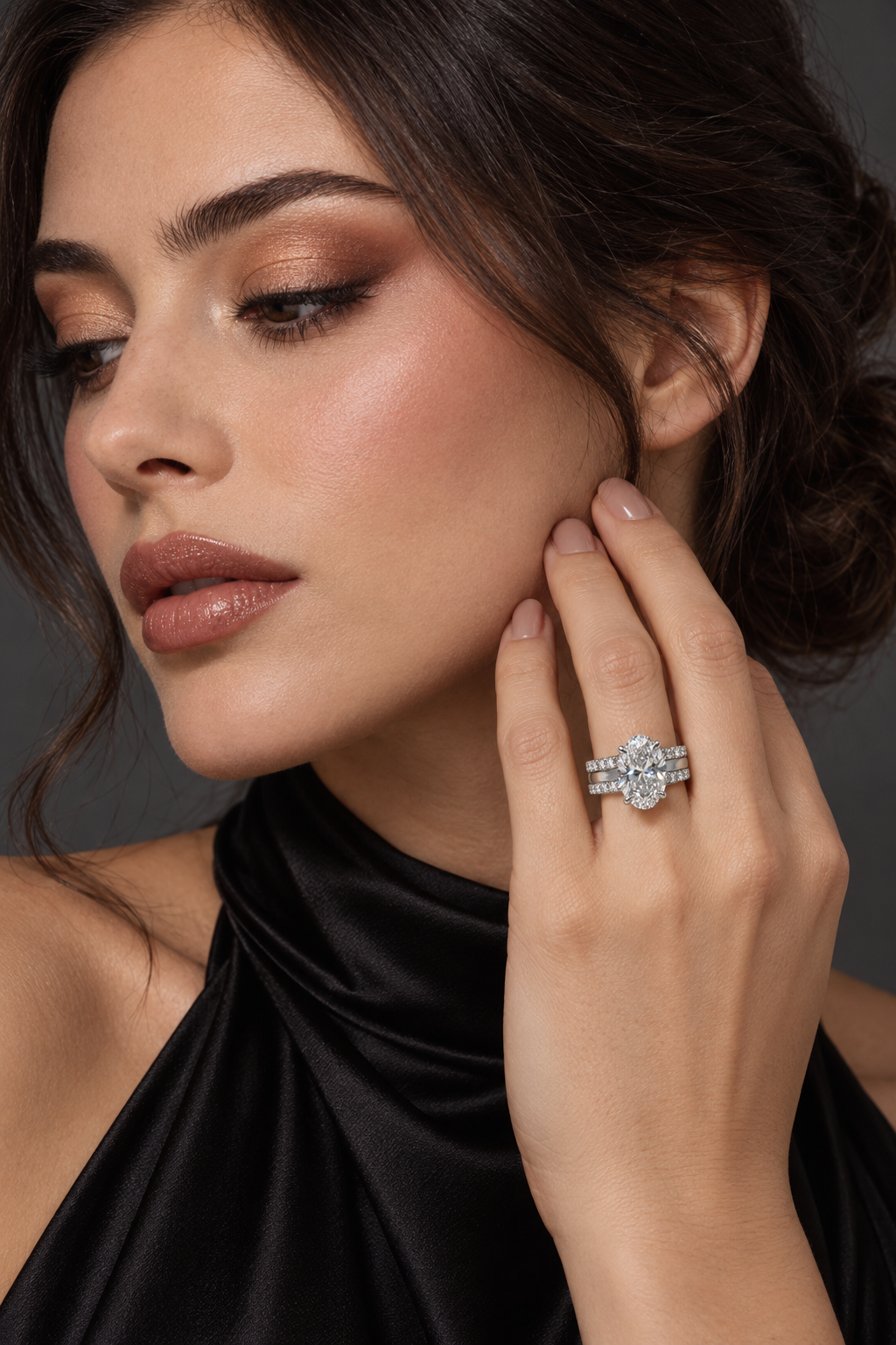 Maylaya Gems 9K Gold 2 ct Oval Lab-Grown Diamond Ring — Stk52 — AI-generated young adult model in eveningwear / ภาพจำลองนางแบบสวมเครื่องประดับด้วย AI