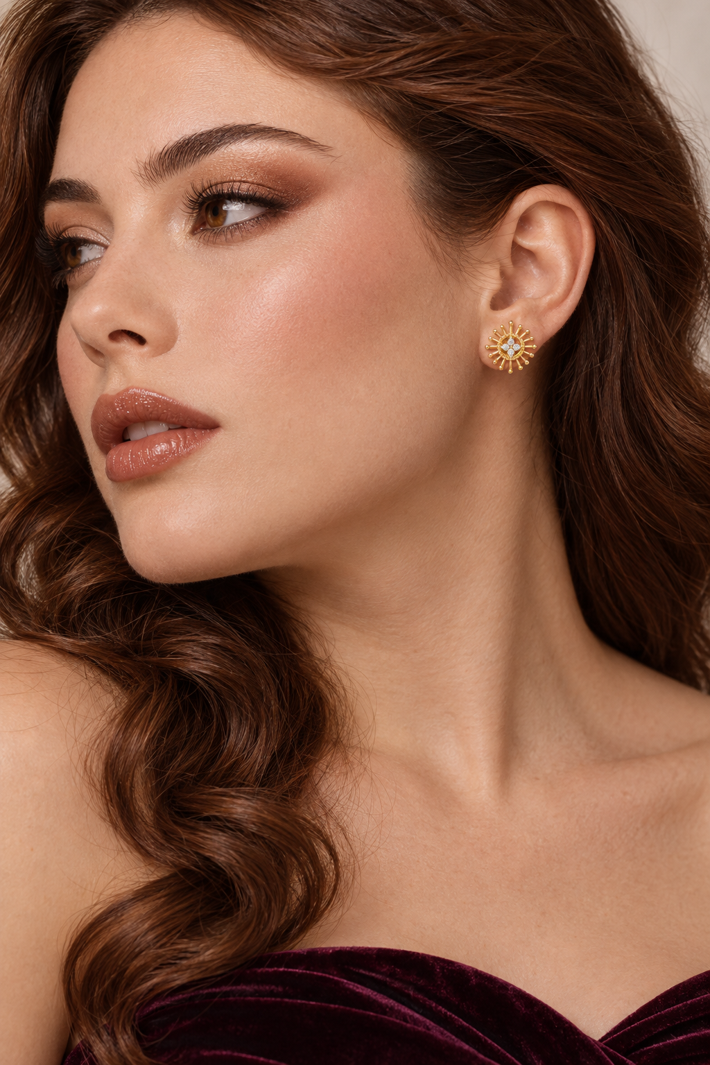 Maylaya Gems 0.04 ct Round Sunray Lab-Grown Diamond Earrings — AI-generated young adult model in eveningwear / ภาพจำลองนางแบบสวมเครื่องประดับด้วย AI