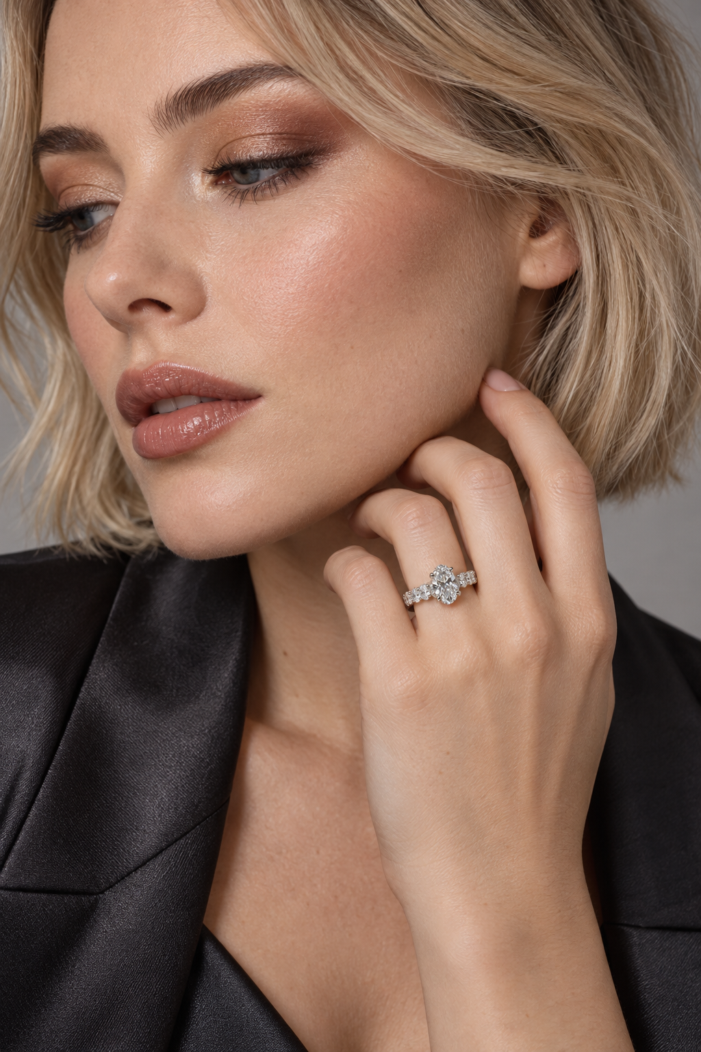 Maylaya Gems 9K Gold 1.54 ct Oval Lab-Grown Diamond Ring — Stk121 — AI-generated young adult model in eveningwear / ภาพจำลองนางแบบสวมเครื่องประดับด้วย AI
