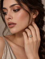 Load image into Gallery viewer, Maylaya Gems 9K Gold 3 ct Round Lab-Grown Diamond Ring — M111 — AI-generated young adult model in eveningwear / ภาพจำลองนางแบบสวมเครื่องประดับด้วย AI
