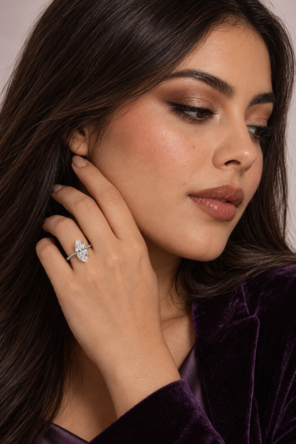 Maylaya Gems 9K Gold 2.08 ct Marquise Lab-Grown Diamond Ring — M01A — AI-generated young adult model in eveningwear / ภาพจำลองนางแบบสวมเครื่องประดับด้วย AI