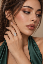 Load image into Gallery viewer, Maylaya Gems 9K Gold 5.07 ct Pear Lab-Grown Diamond Ring — MG1 — AI-generated young adult model in eveningwear / ภาพจำลองนางแบบสวมเครื่องประดับด้วย AI
