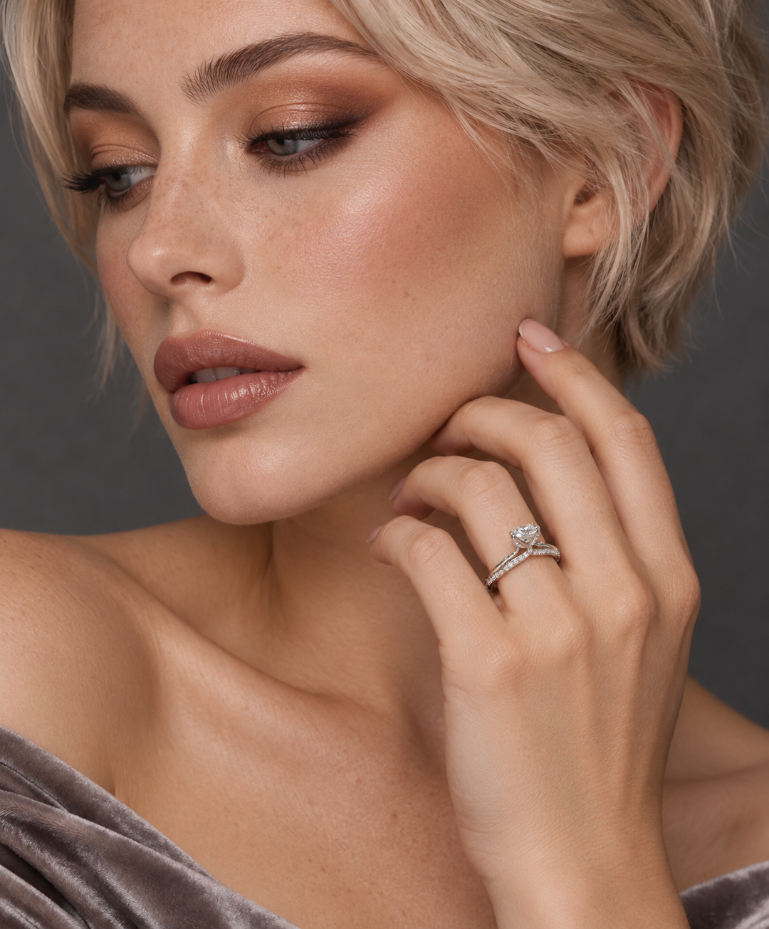 Maylaya Gems 9K Gold 1.1 ct Round Lab-Grown Diamond Ring — Stk36 — AI-generated young adult model in eveningwear / ภาพจำลองนางแบบสวมเครื่องประดับด้วย AI