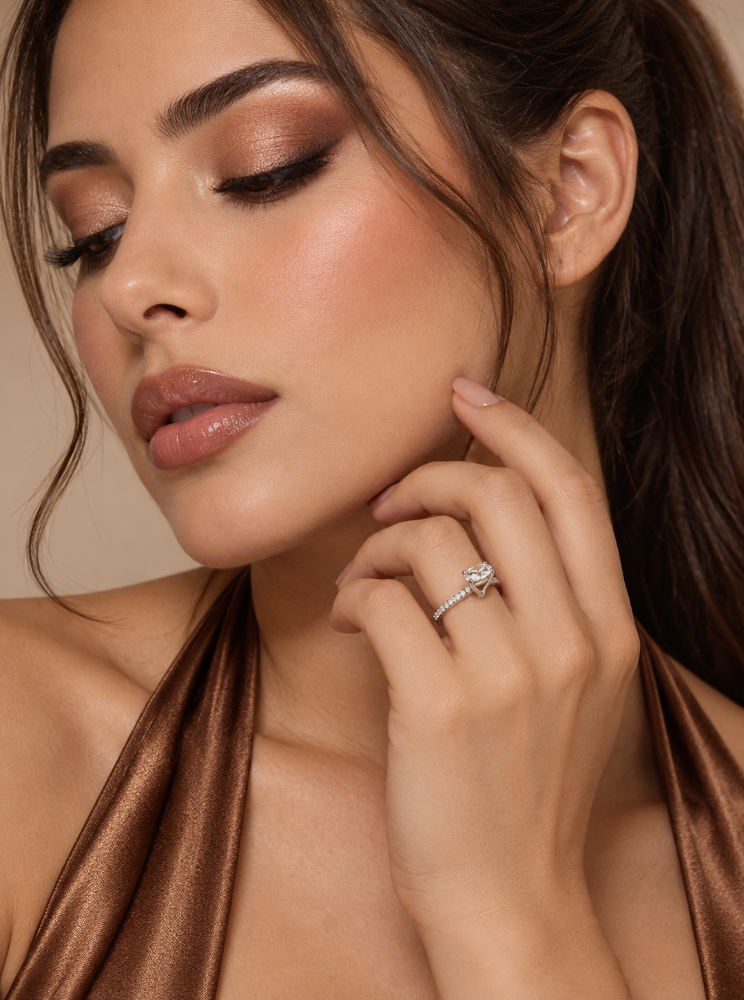 Maylaya Gems 9K Gold 1.09 ct Oval Lab-Grown Diamond Ring — SH96 — AI-generated young adult model in eveningwear / ภาพจำลองนางแบบสวมเครื่องประดับด้วย AI