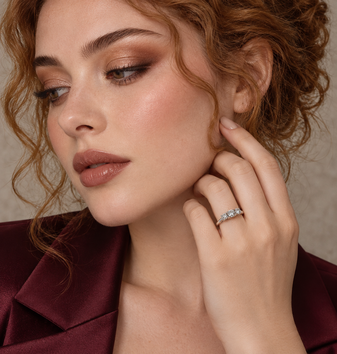 Maylaya Gems 9K Gold 0.9 ct Round Lab-Grown Diamond Ring — 00012/B035 — AI-generated young adult model in eveningwear / ภาพจำลองนางแบบสวมเครื่องประดับด้วย AI