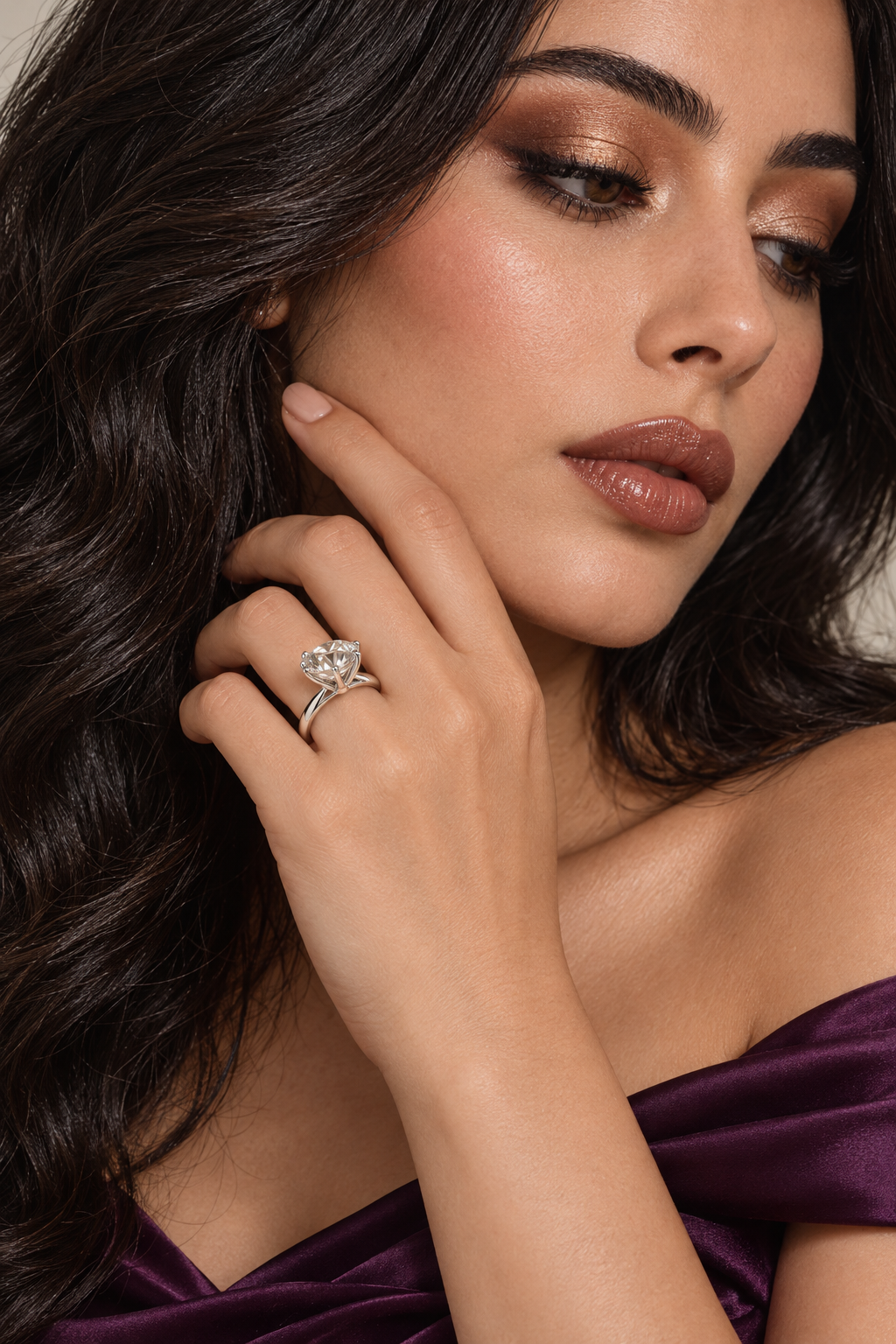 Maylaya Gems 9K Gold 9.3 ct Round Lab-Grown Diamond Solitaire Ring — M191 — AI-generated young adult model in eveningwear / ภาพจำลองนางแบบสวมเครื่องประดับด้วย AI