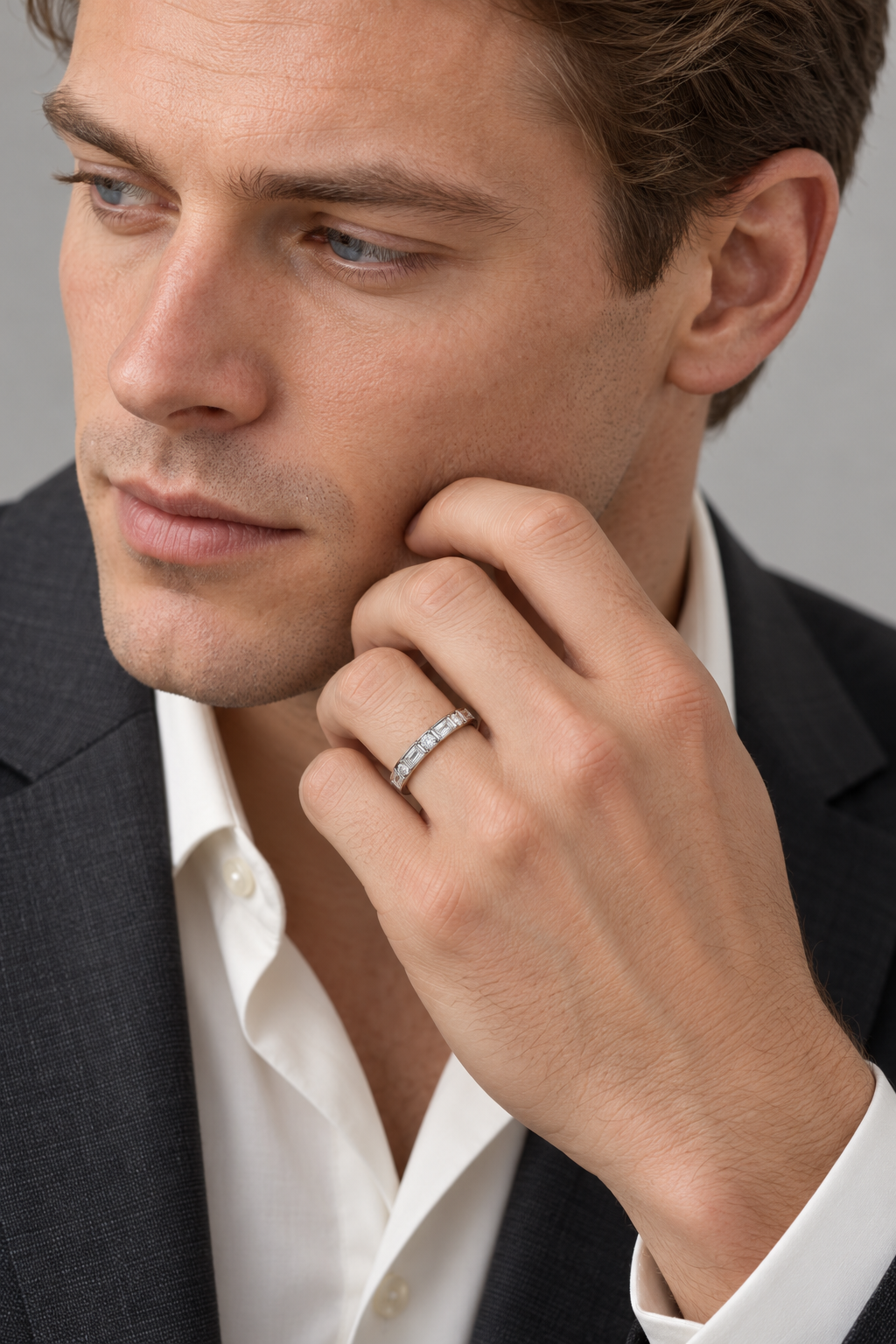 Maylaya Gems 9K Gold 0.05 ct Round Lab-Grown Diamond Ring — F008 — AI-generated adult male model in tailored eveningwear / ภาพจำลองนายแบบสวมเครื่องประดับด้วย AI