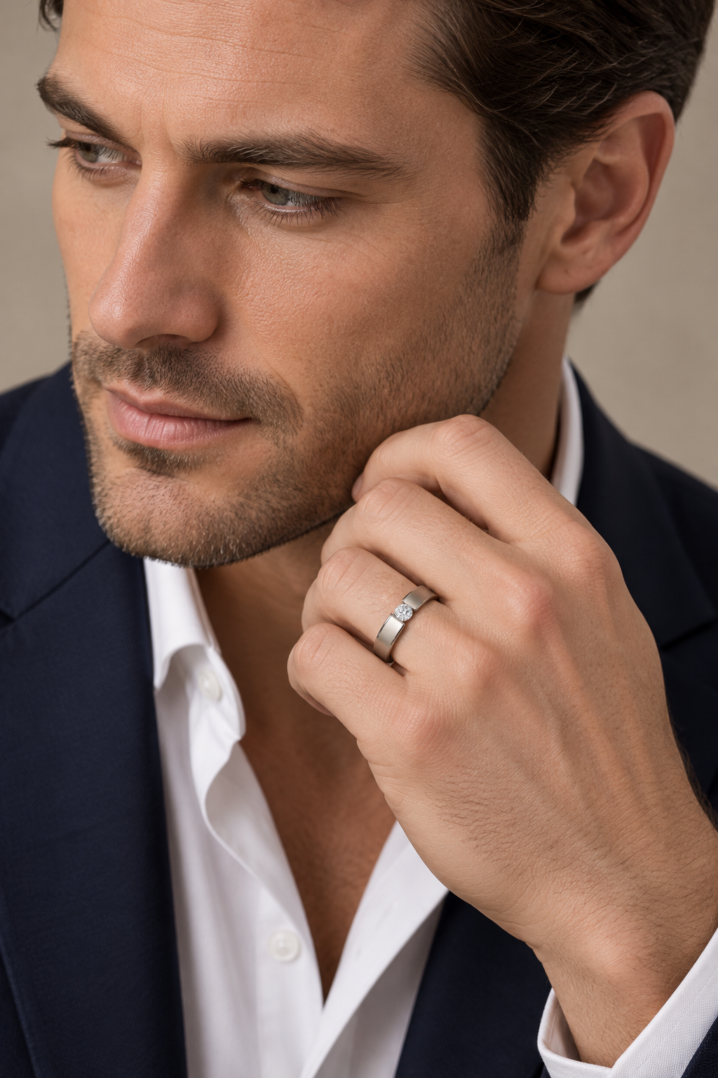 Maylaya Gems 9K Gold 0.25 ct Round Lab-Grown Diamond Ring — F009 — AI-generated adult male model in tailored eveningwear / ภาพจำลองนายแบบสวมเครื่องประดับด้วย AI