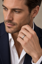 Load image into Gallery viewer, Maylaya Gems 9K Gold 0.25 ct Round Lab-Grown Diamond Ring — F009 — AI-generated adult male model in tailored eveningwear / ภาพจำลองนายแบบสวมเครื่องประดับด้วย AI
