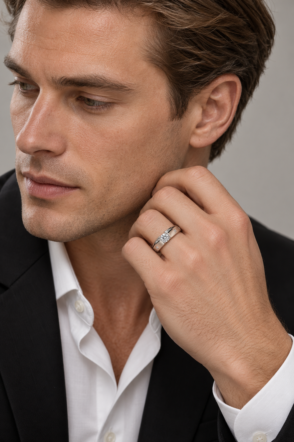 Maylaya Gems 9K Gold 0.25 ct Round Lab-Grown Diamond Ring — F010 — AI-generated adult male model in tailored eveningwear / ภาพจำลองนายแบบสวมเครื่องประดับด้วย AI