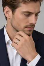 Load image into Gallery viewer, Maylaya Gems 9K Gold 0.3 ct Emerald Diamond Ring — F004 — AI-generated adult male model in tailored eveningwear / ภาพจำลองนายแบบสวมเครื่องประดับด้วย AI
