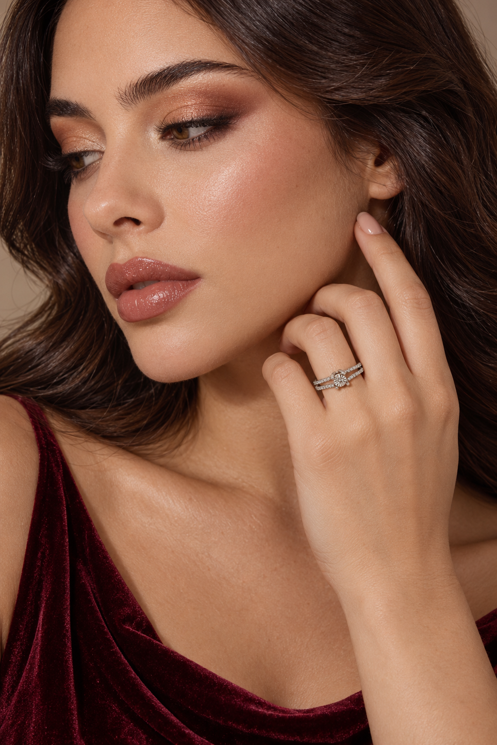 Maylaya Gems 9K Gold 0.1 ct Round Diamond Ring — E020 — AI-generated young adult model in eveningwear / ภาพจำลองนางแบบสวมเครื่องประดับด้วย AI