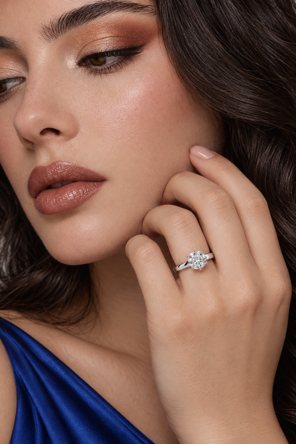 Maylaya Gems 1 ct Round Lab-Grown Diamond Ring - LR-0001 — AI-generated young adult model in eveningwear / ภาพจำลองนางแบบสวมเครื่องประดับด้วย AI
