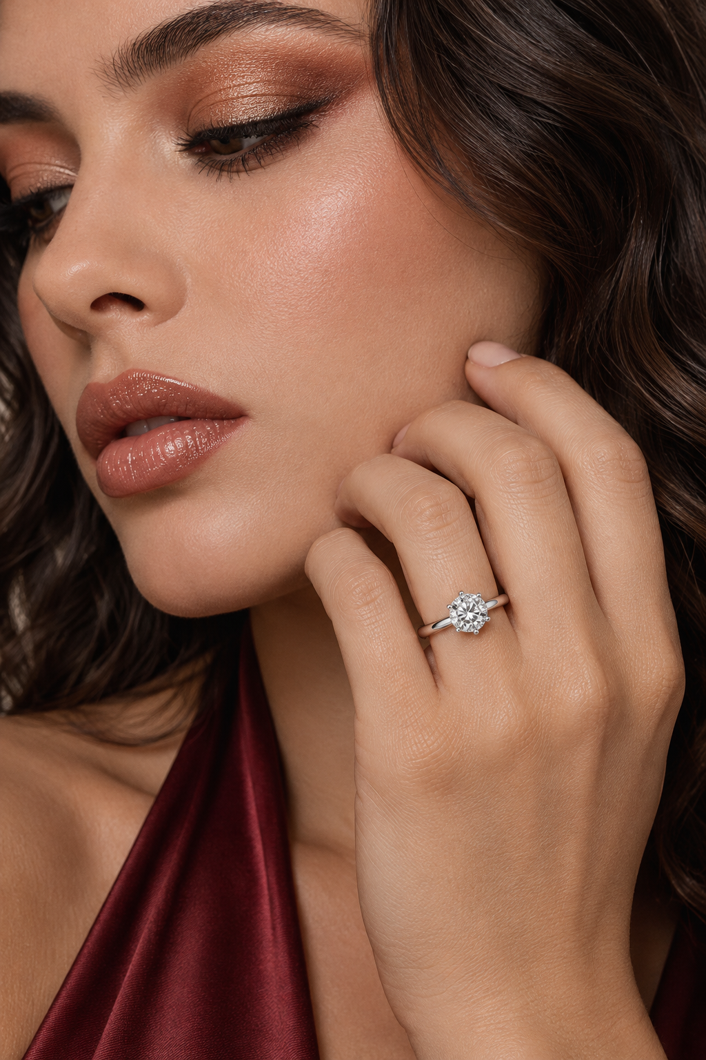 Maylaya Gems 1 ct Round Lab-Grown Diamond Ring - LR-0002 — AI-generated young adult model in eveningwear / ภาพจำลองนางแบบสวมเครื่องประดับด้วย AI