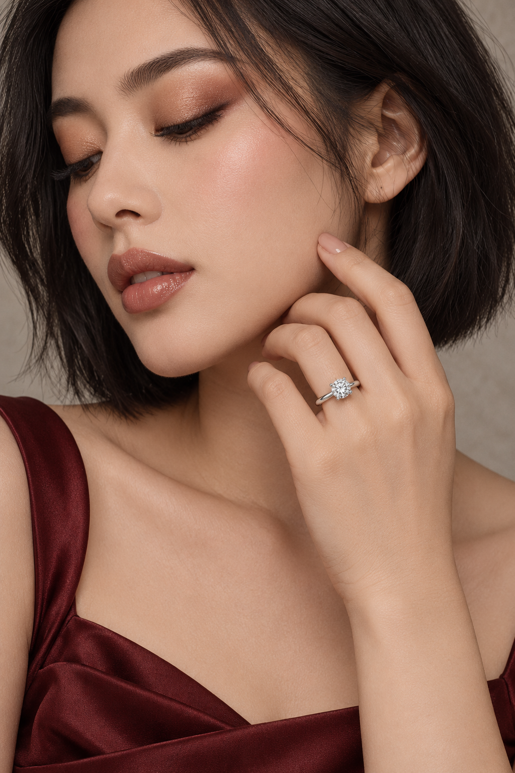 Maylaya Gems 1 ct Round Lab-Grown Diamond Ring - LR-0007 — AI-generated young adult model in eveningwear / ภาพจำลองนางแบบสวมเครื่องประดับด้วย AI