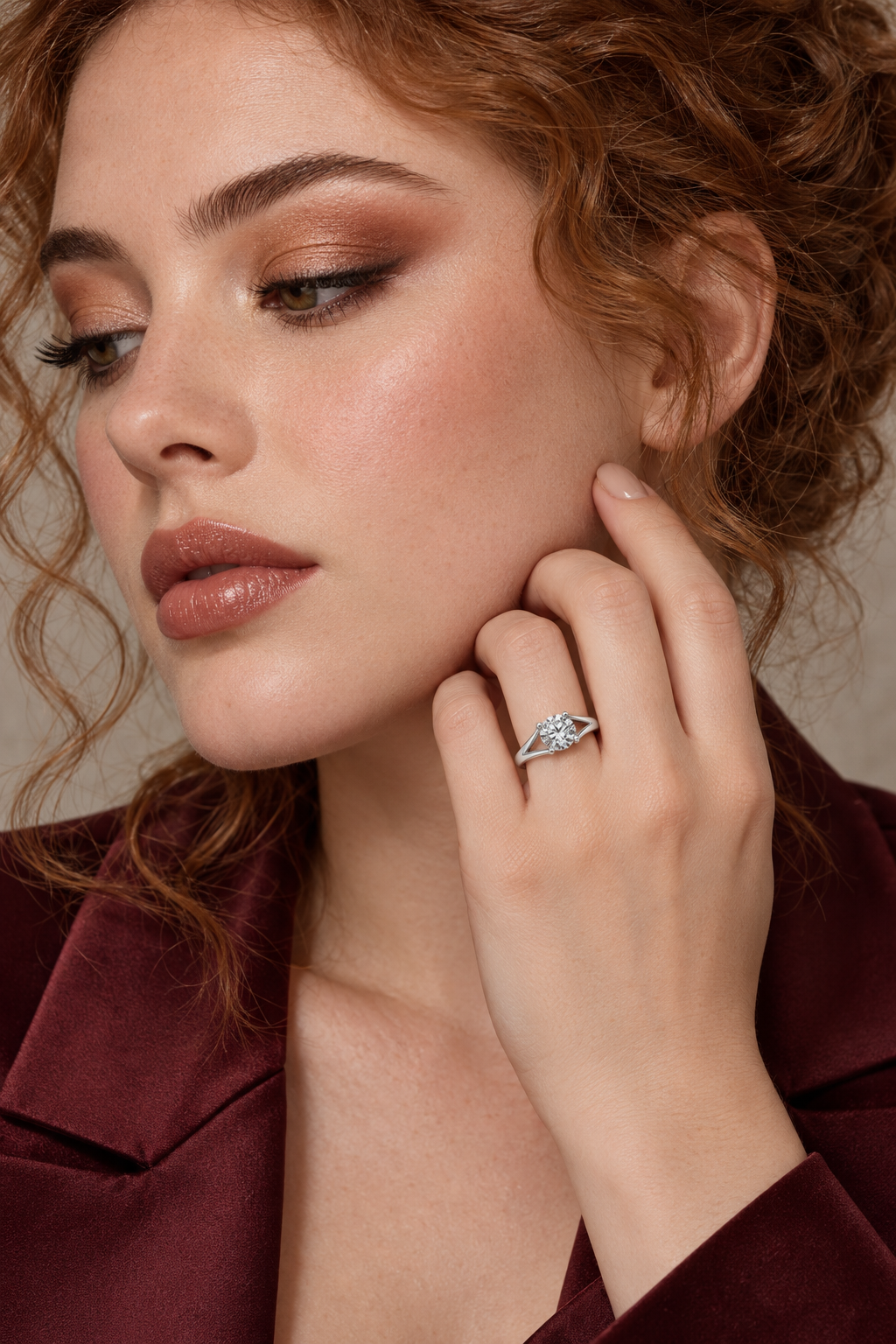 Maylaya Gems 1 ct Round Lab-Grown Diamond Ring - LR-0009 — AI-generated young adult model in eveningwear / ภาพจำลองนางแบบสวมเครื่องประดับด้วย AI