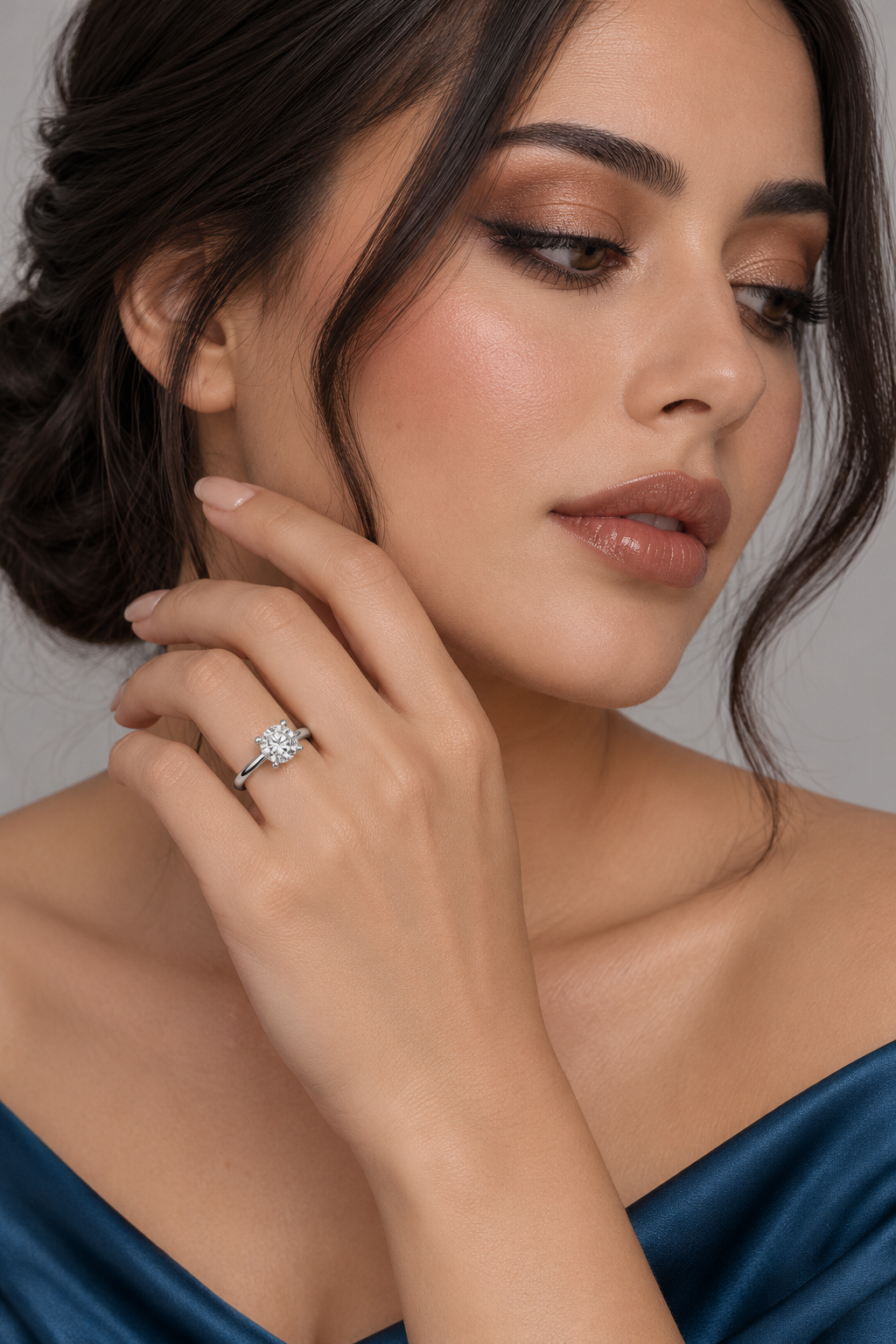 Maylaya Gems 1 ct Round Lab-Grown Diamond Ring - LR-0010 — AI-generated young adult model in eveningwear / ภาพจำลองนางแบบสวมเครื่องประดับด้วย AI