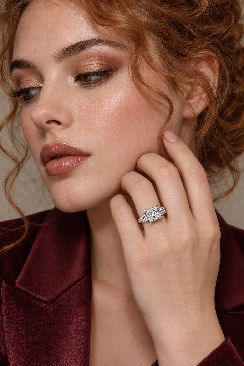 Maylaya Gems 4.37 ct Princess Lab-Grown Diamond Ring - LR-0046 — AI-generated young adult model in eveningwear / ภาพจำลองนางแบบสวมเครื่องประดับด้วย AI