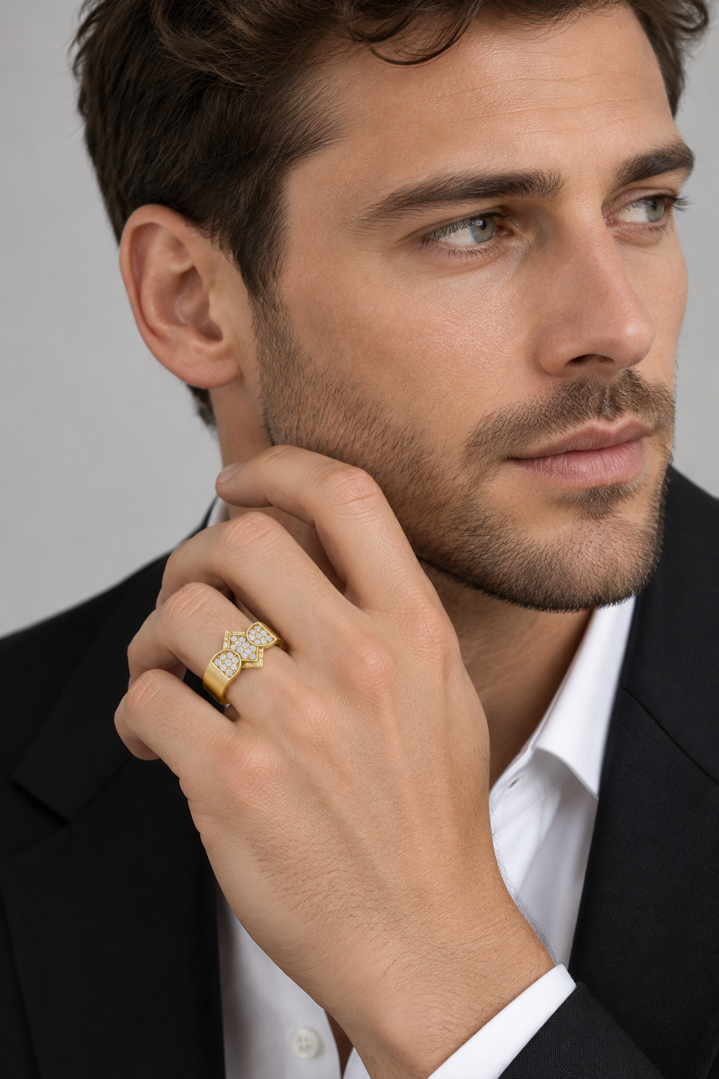 Maylaya Gems 0.262 ct Double Square Lab-Grown Diamond Band — AI-generated adult male model wearing the ring / ภาพจำลองนายแบบสวมแหวนด้วย AI