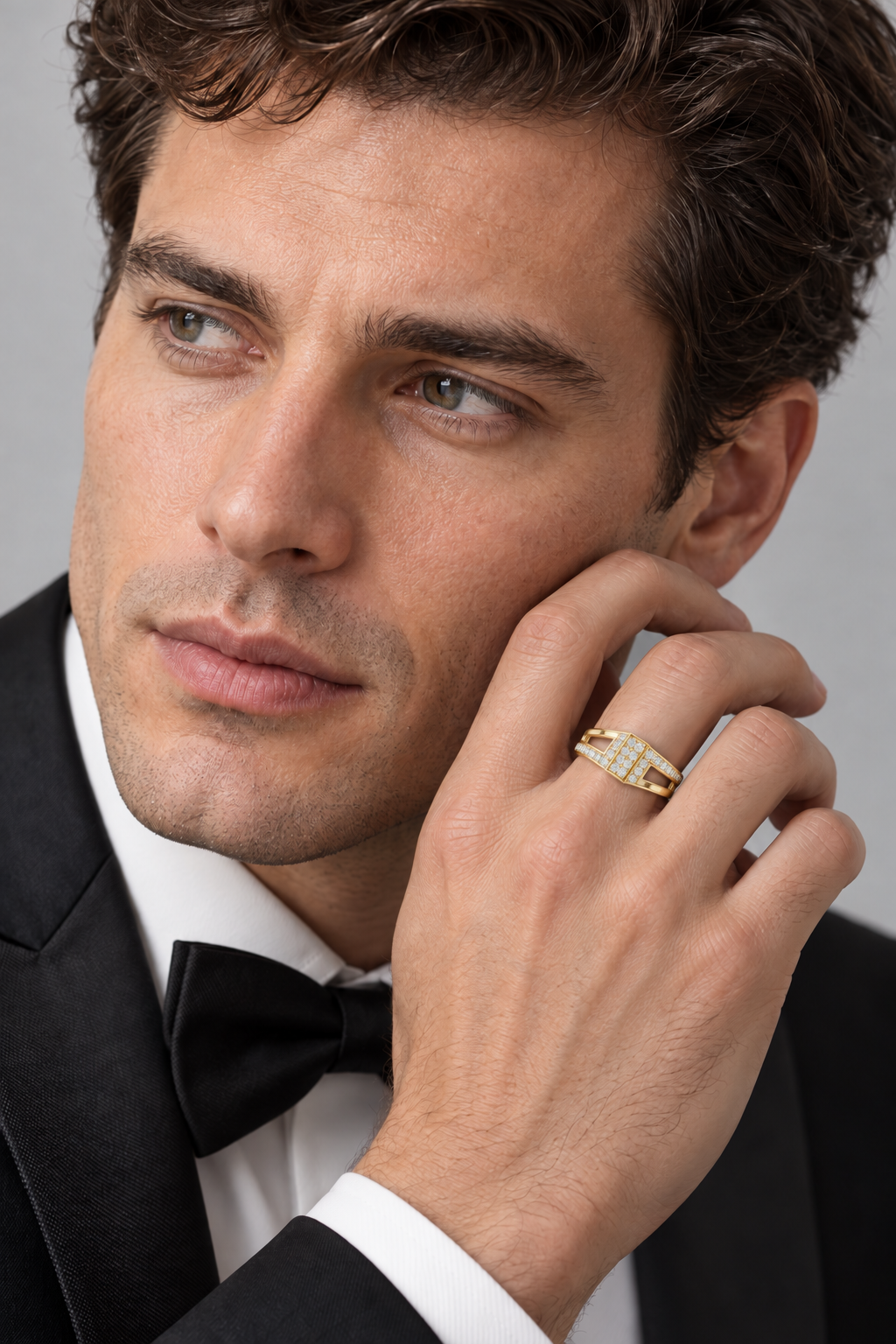 Maylaya Gems 0.352 ct Split-Rail Lab-Grown Diamond Band — AI-generated adult male model wearing the ring in eveningwear