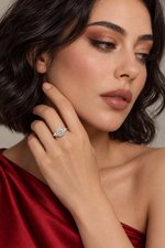 Load image into Gallery viewer, Maylaya Gems 2.09 ct Trillion Cushion Trilogy Lab-Grown Diamond Ring — AI-generated young adult model in eveningwear / ภาพจำลองนางแบบสวมเครื่องประดับด้วย AI
