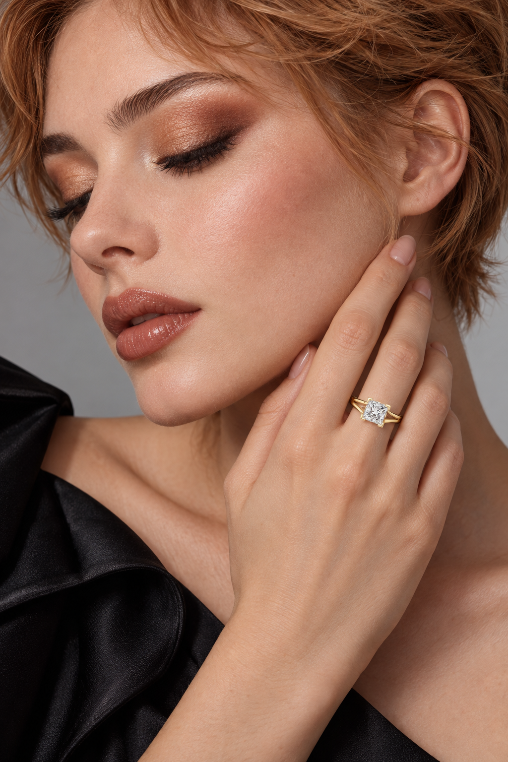 Maylaya Gems 1.04 ct Princess Sculpted Solitaire Lab-Grown Diamond Ring — AI-generated young adult model in eveningwear / ภาพจำลองนางแบบสวมเครื่องประดับด้วย AI